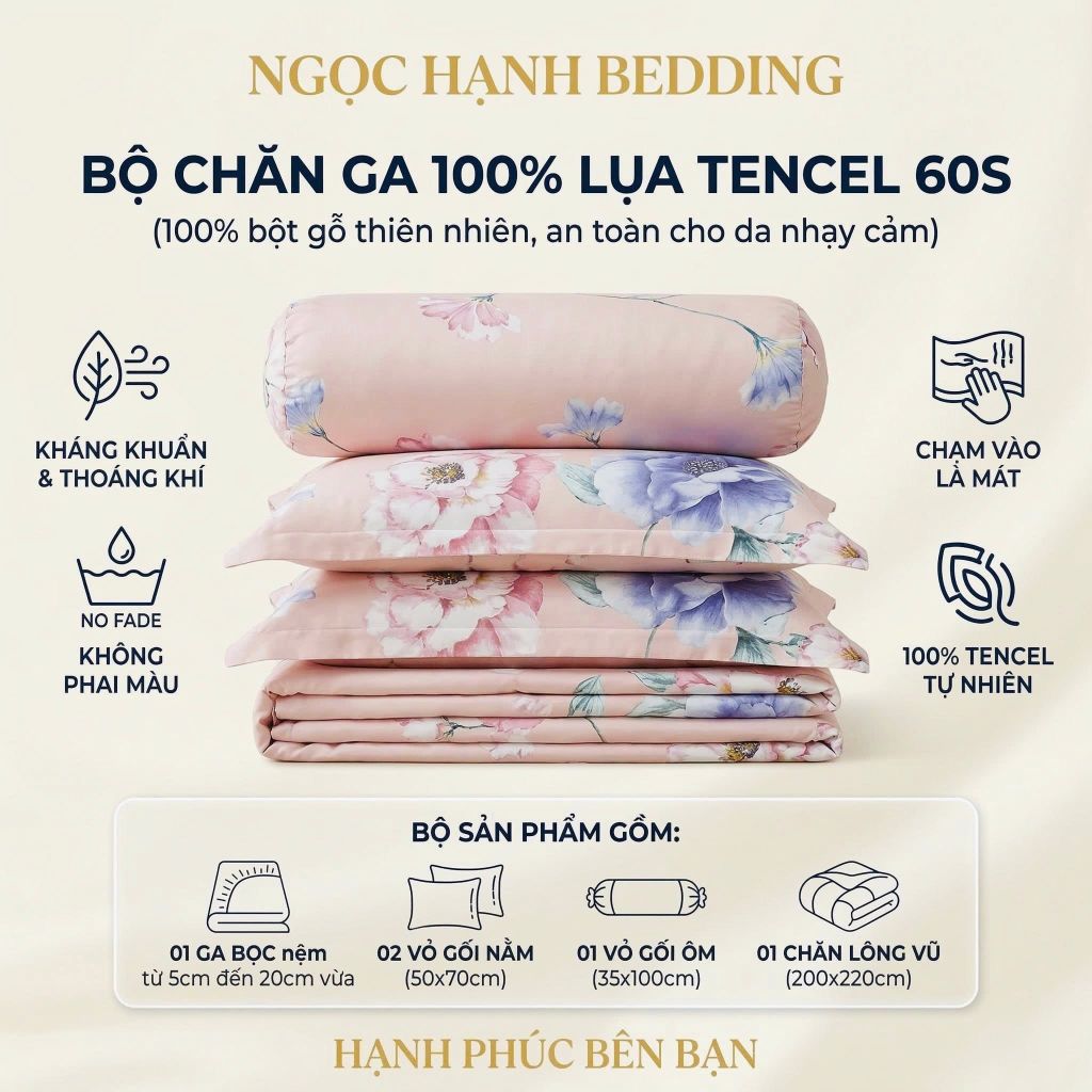  Bộ chăn ga gối LỤA TENCEL 60S mát lạnh, thoáng khí nệm 5 10 15 20cm - NGỌC HẠNH BEDDING 
