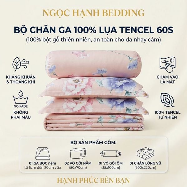  Bộ chăn ga gối LỤA TENCEL 60S mát lạnh, thoáng khí nệm 5 10 15 20cm - NGỌC HẠNH BEDDING 