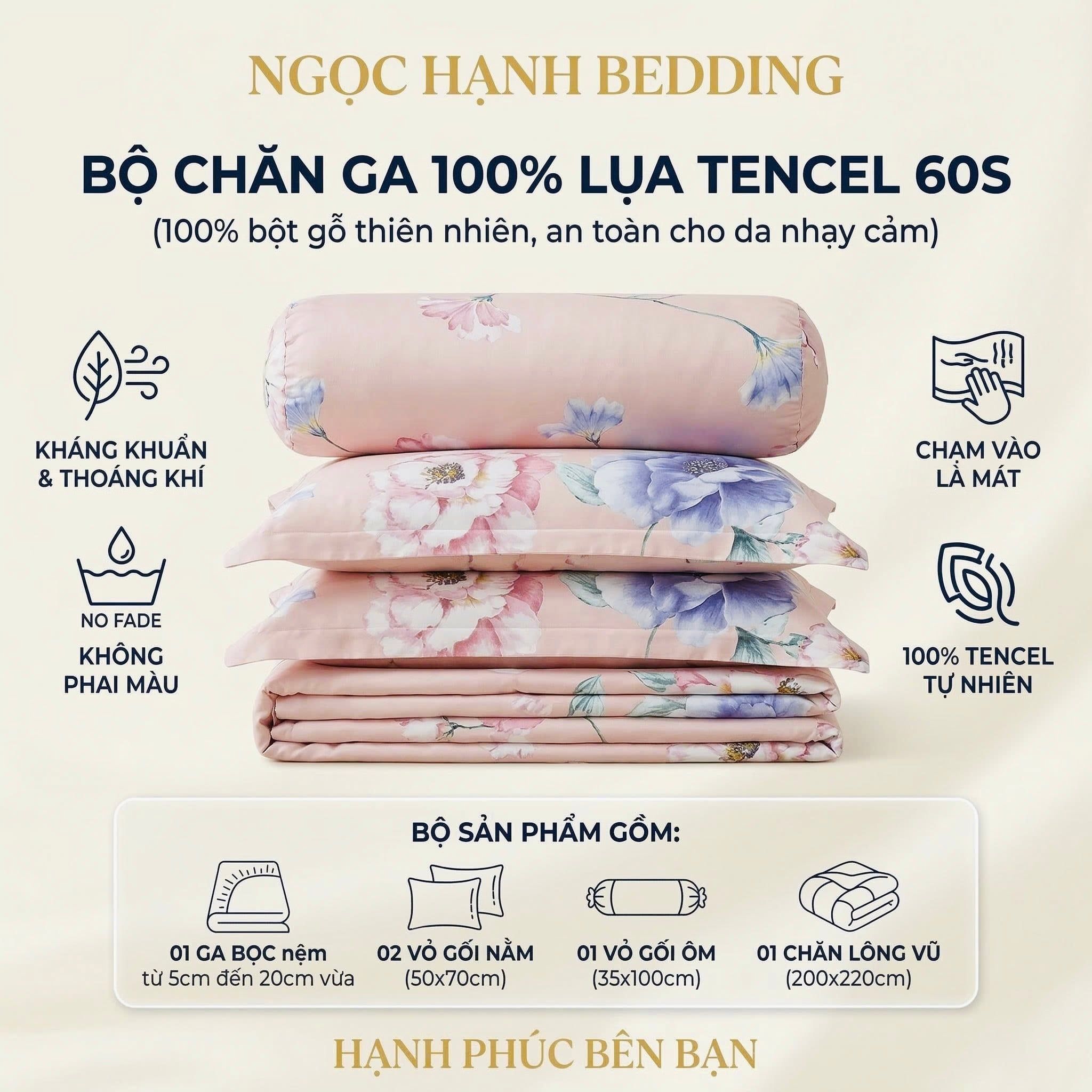  Bộ chăn ga gối LỤA TENCEL 60S mát lạnh, thoáng khí nệm 5 10 15 20cm - NGỌC HẠNH BEDDING 