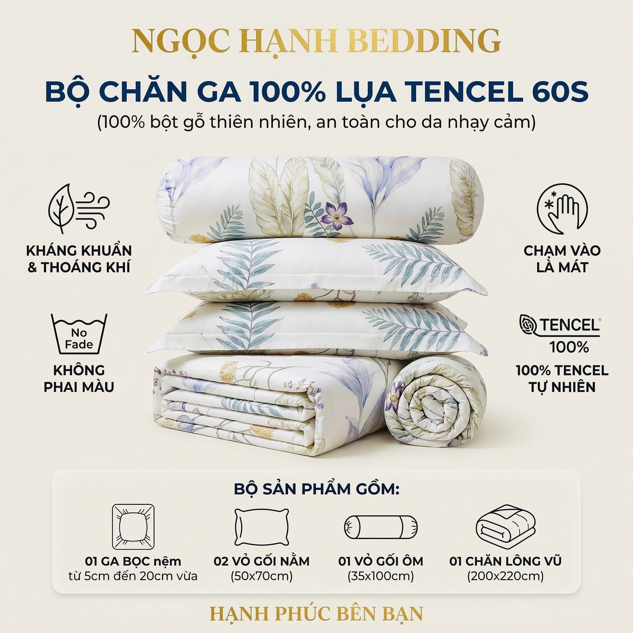  Bộ chăn ga gối LỤA TENCEL 60S mát lạnh, thoáng khí nệm 5 10 15 20cm - NGỌC HẠNH BEDDING 