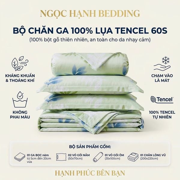  Bộ chăn ga gối LỤA TENCEL 60S mát lạnh, thoáng khí nệm 5 10 15 20cm - NGỌC HẠNH BEDDING 