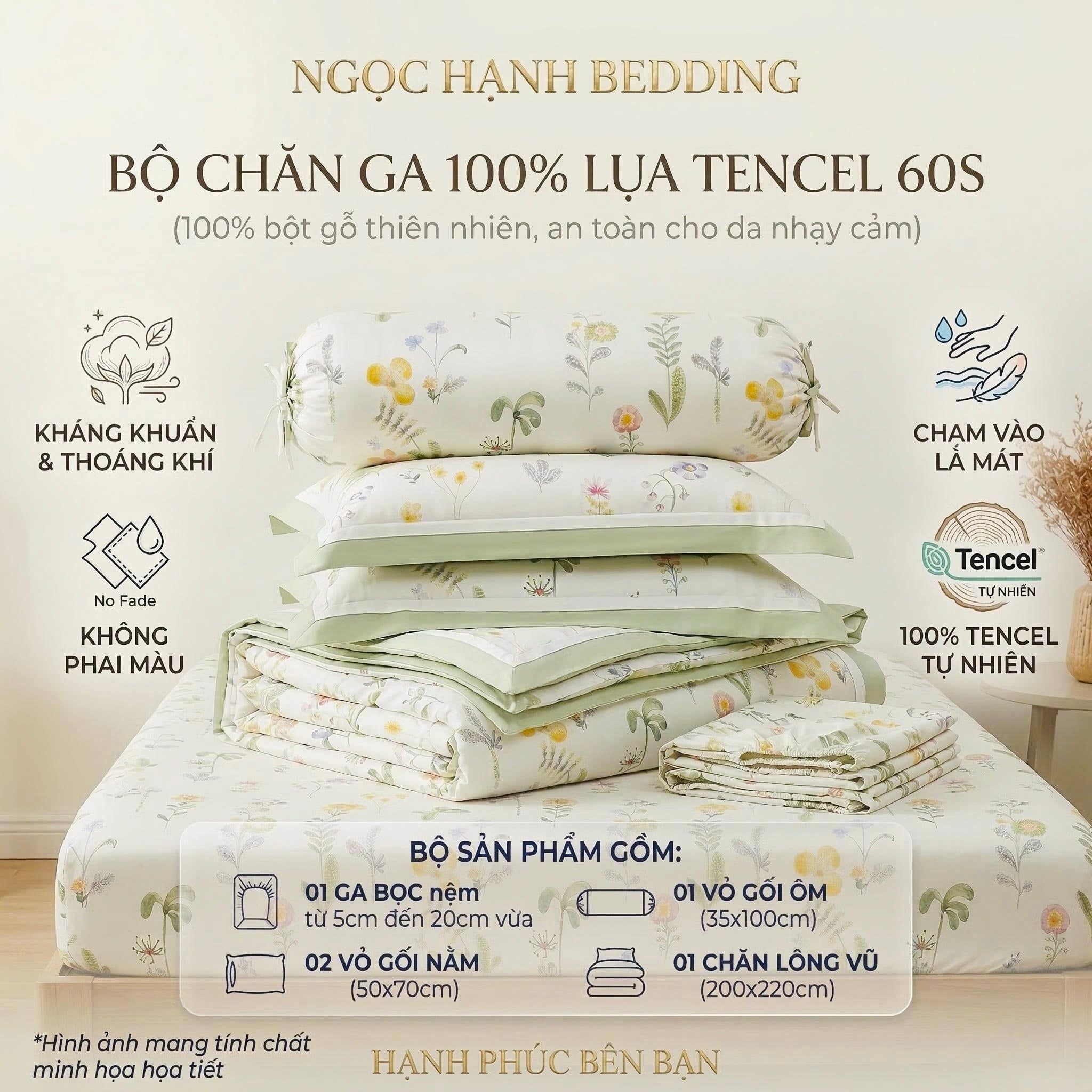  Bộ chăn ga gối LỤA TENCEL 60S họa tiết hoa nhí nền kem, thoáng khí nệm 5 10 15 20cm - NGỌC HẠNH BEDDING 