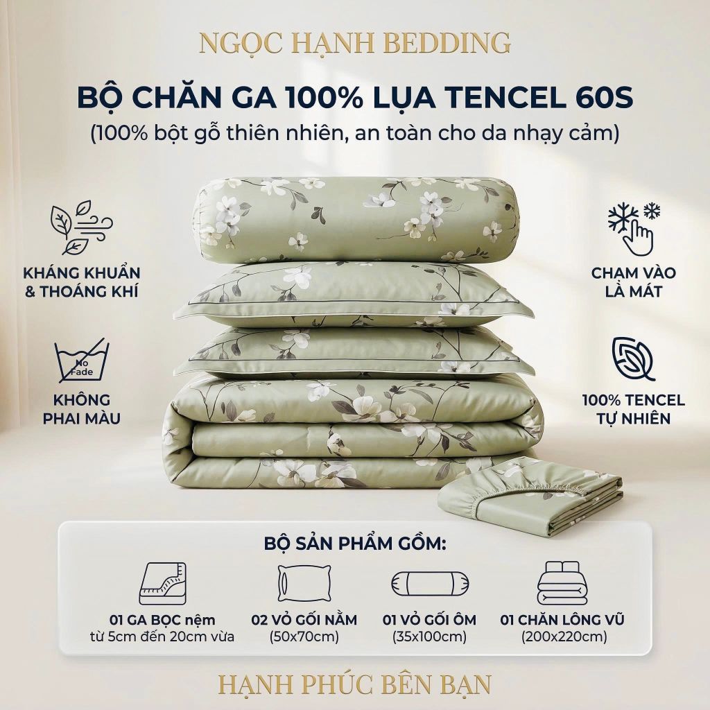  Bộ chăn ga gối LỤA TENCEL 60S mát lạnh, thoáng khí nệm 5 10 15 20cm - NGỌC HẠNH BEDDING 