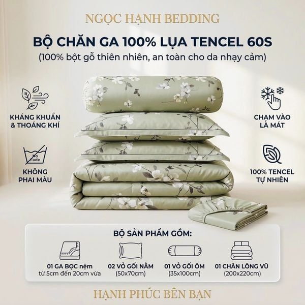  Bộ chăn ga gối LỤA TENCEL 60S mát lạnh, thoáng khí nệm 5 10 15 20cm - NGỌC HẠNH BEDDING 