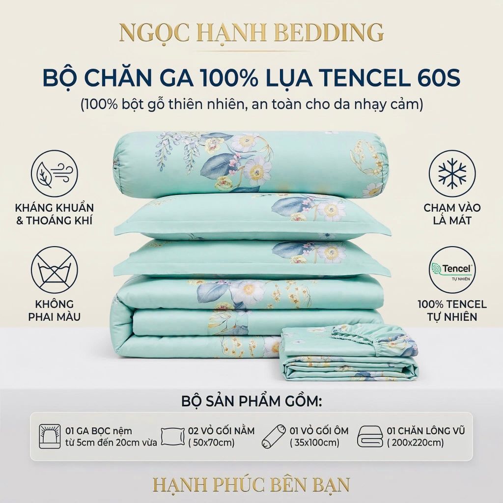  Bộ chăn ga gối LỤA TENCEL 60S họa tiết lá xanh bạc hà, thoáng khí nệm 5 10 15 20cm - NGỌC HẠNH BEDDING 