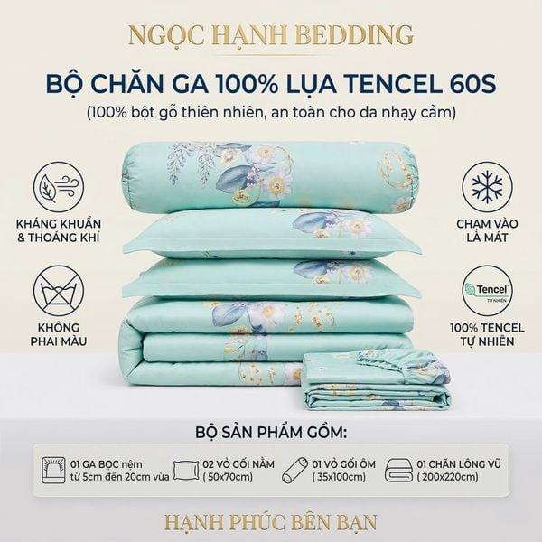  Bộ chăn ga gối LỤA TENCEL 60S họa tiết lá xanh bạc hà, thoáng khí nệm 5 10 15 20cm - NGỌC HẠNH BEDDING 