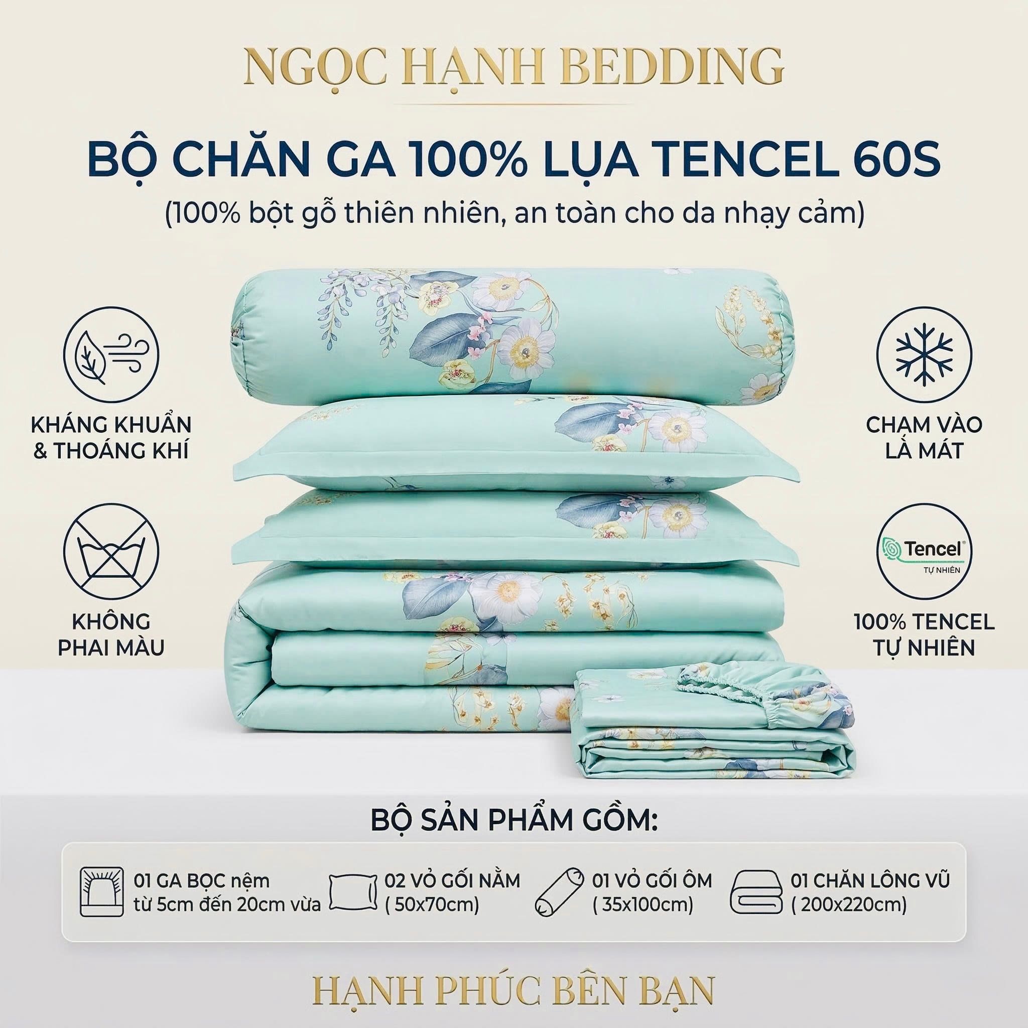  Bộ chăn ga gối LỤA TENCEL 60S họa tiết lá xanh bạc hà, thoáng khí nệm 5 10 15 20cm - NGỌC HẠNH BEDDING 