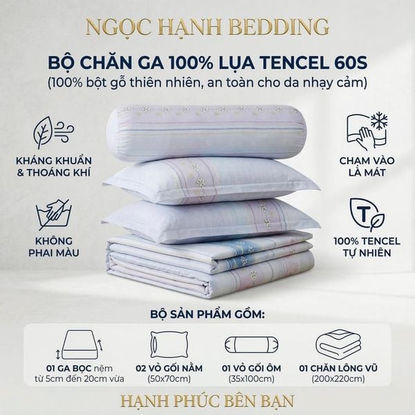  Bộ chăn ga gối LỤA TENCEL 60S mát lạnh, thoáng khí nệm 5 10 15 20cm - NGỌC HẠNH BEDDING 