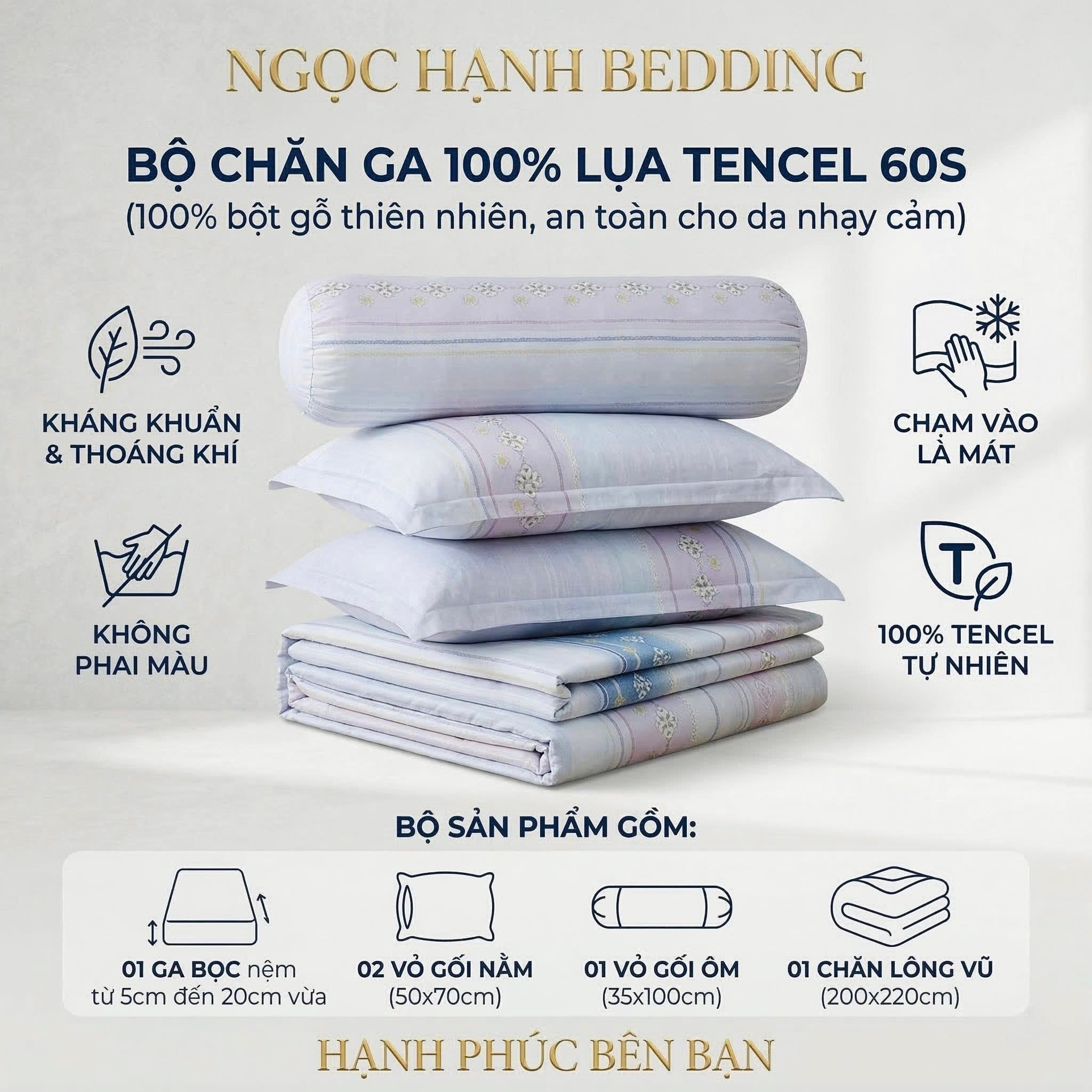  Bộ chăn ga gối LỤA TENCEL 60S mát lạnh, thoáng khí nệm 5 10 15 20cm - NGỌC HẠNH BEDDING 