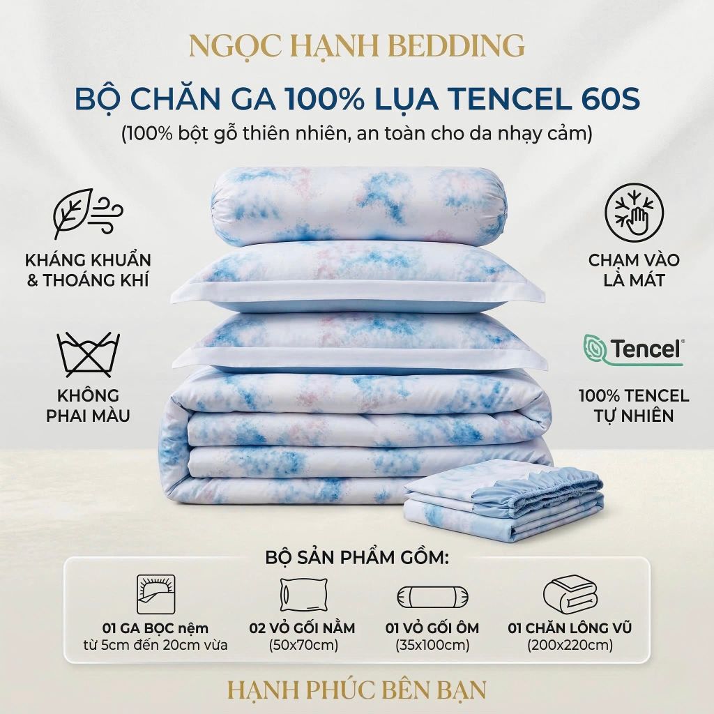 Bộ chăn ga gối LỤA TENCEL 60S họa tiết mây xanh loang loang, thoáng khí nệm 5 10 15 20cm - NGỌC HẠNH BEDDING 
