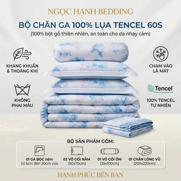 Bộ chăn ga gối LỤA TENCEL 60S họa tiết mây xanh loang loang, thoáng khí nệm 5 10 15 20cm - NGỌC HẠNH BEDDING 
