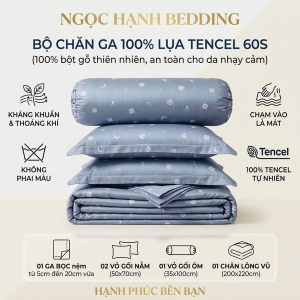  Bộ chăn ga gối LỤA TENCEL 60S mát lạnh, thoáng khí nệm 5 10 15 20cm - NGỌC HẠNH BEDDING 