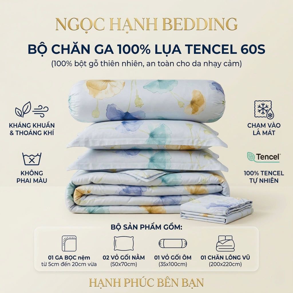  Bộ chăn ga gối LỤA TENCEL 60S mát lạnh, thoáng khí nệm 5 10 15 20cm - NGỌC HẠNH BEDDING 