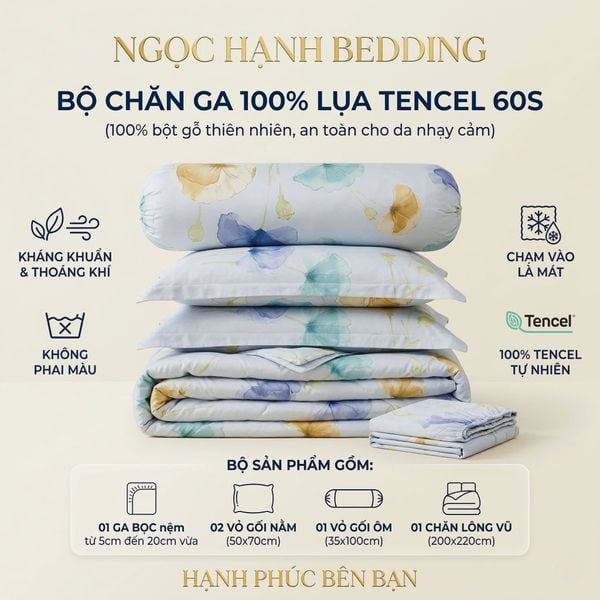  Bộ chăn ga gối LỤA TENCEL 60S mát lạnh, thoáng khí nệm 5 10 15 20cm - NGỌC HẠNH BEDDING 