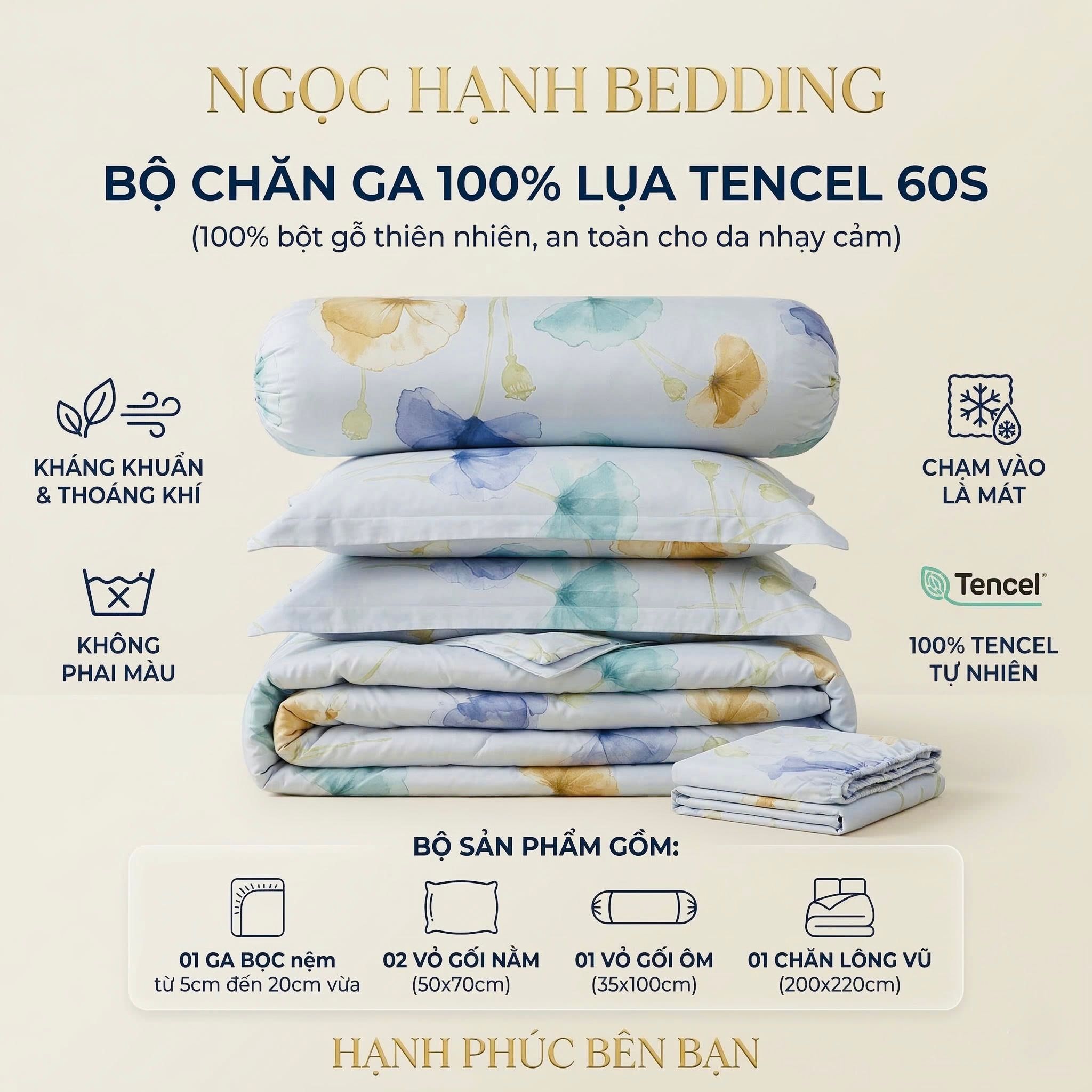  Bộ chăn ga gối LỤA TENCEL 60S mát lạnh, thoáng khí nệm 5 10 15 20cm - NGỌC HẠNH BEDDING 