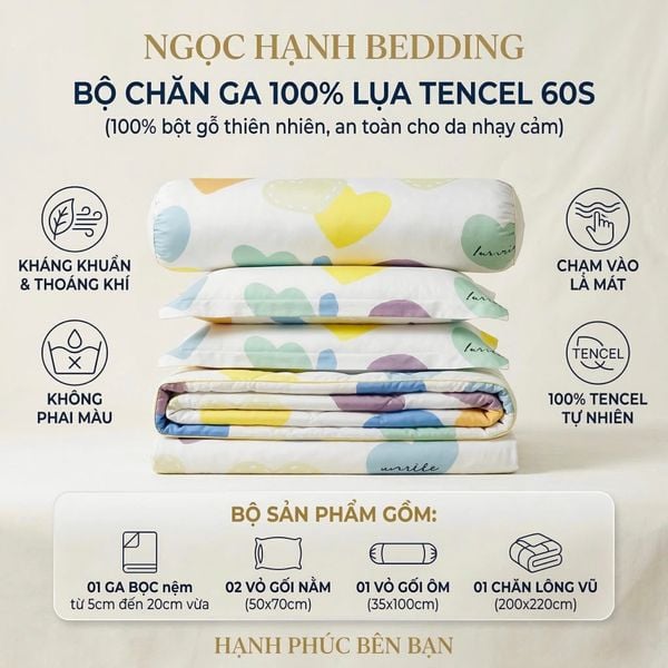  Bộ chăn ga gối LỤA TENCEL 60S mát lạnh, thoáng khí nệm 5 10 15 20cm - NGỌC HẠNH BEDDING 