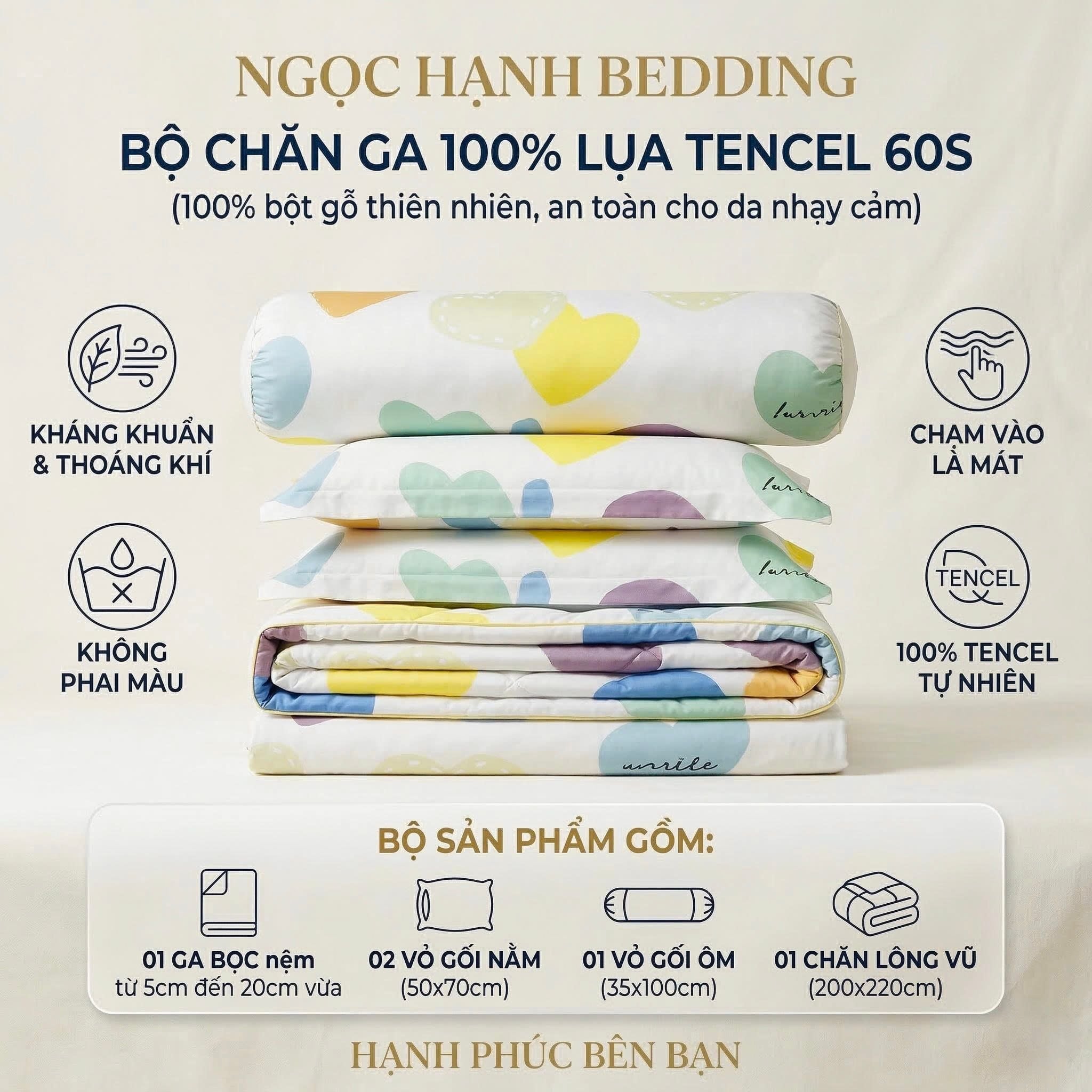  Bộ chăn ga gối LỤA TENCEL 60S mát lạnh, thoáng khí nệm 5 10 15 20cm - NGỌC HẠNH BEDDING 