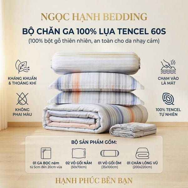  Bộ chăn ga gối LỤA TENCEL 60S họa tiết mây xanh loang loang, thoáng khí nệm 5 10 15 20cm - NGỌC HẠNH BEDDING 