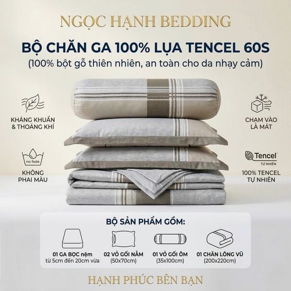  Bộ chăn ga gối LỤA TENCEL 60S mát lạnh, thoáng khí nệm 5 10 15 20cm - NGỌC HẠNH BEDDING 