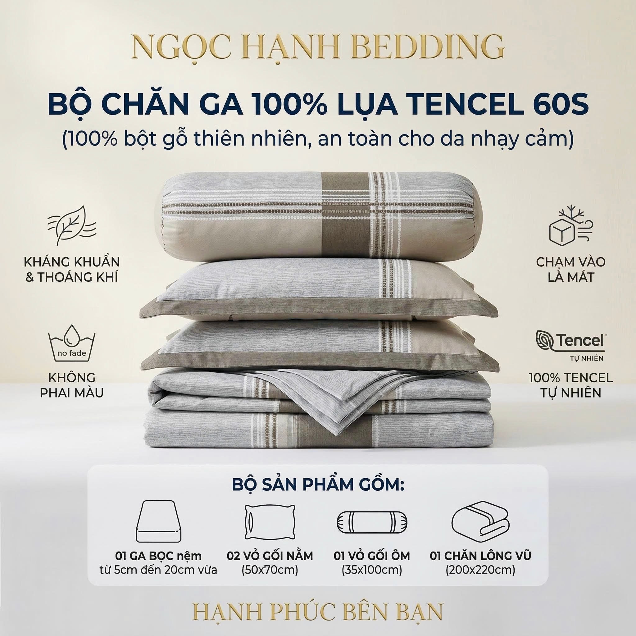 Bộ chăn ga gối LỤA TENCEL 60S mát lạnh, thoáng khí nệm 5 10 15 20cm - NGỌC HẠNH BEDDING 