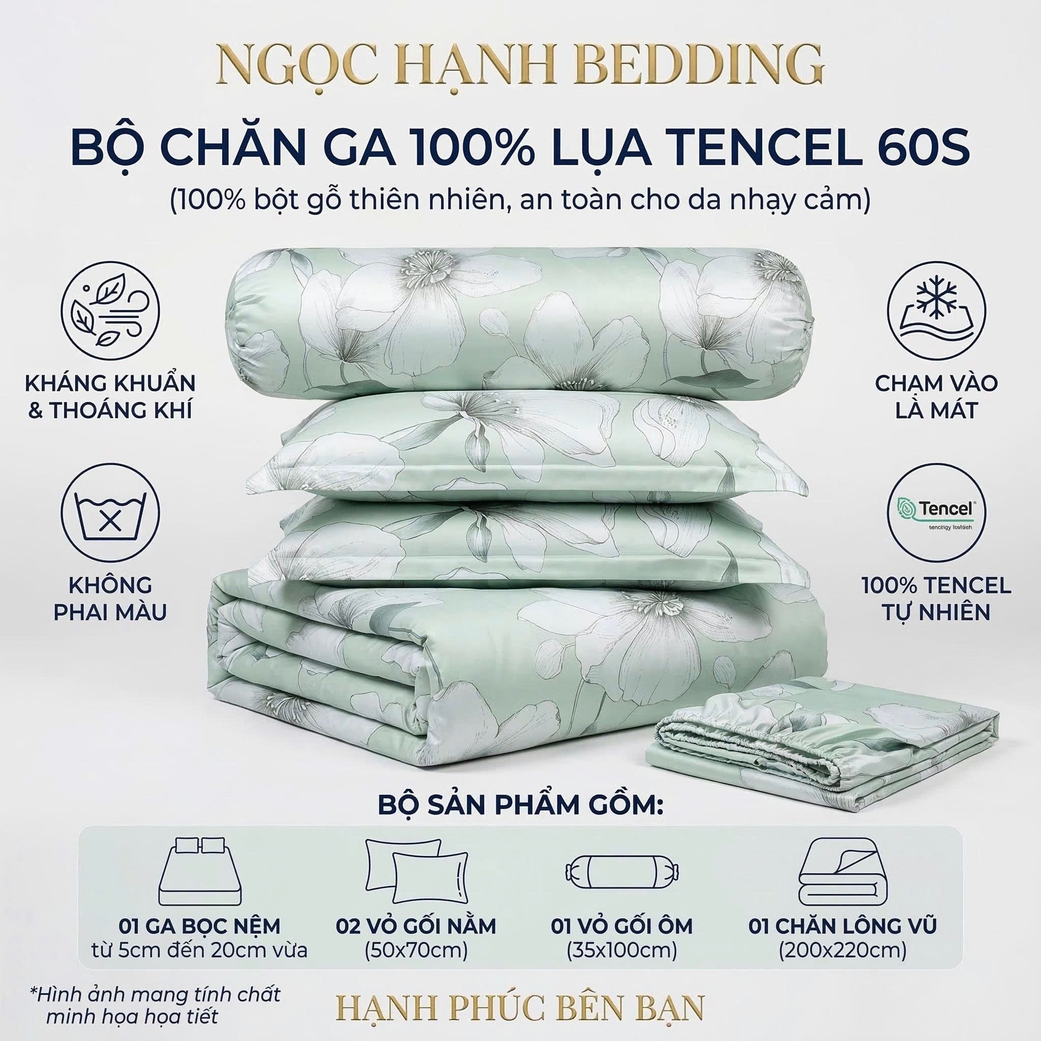  Bộ chăn ga gối LỤA TENCEL 60S mát lạnh, thoáng khí nệm 5 10 15 20cm - NGỌC HẠNH BEDDING 