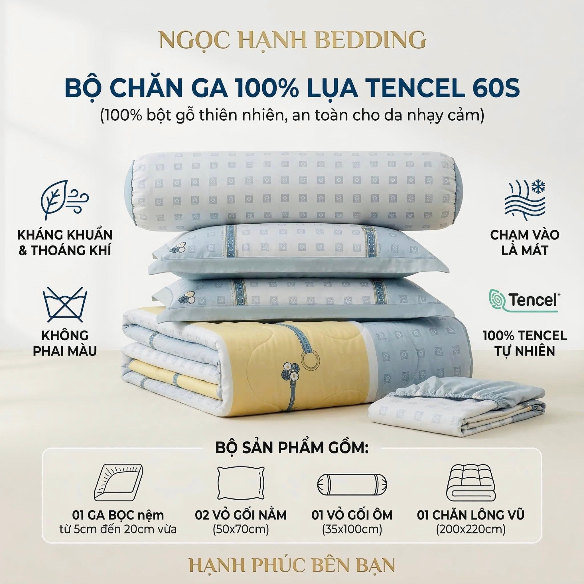  Bộ chăn ga gối LỤA TENCEL 60S mát lạnh, thoáng khí nệm 5 10 15 20cm - NGỌC HẠNH BEDDING 