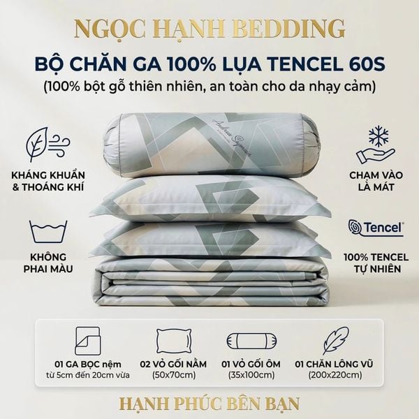  Bộ chăn ga gối LỤA TENCEL 60S mát lạnh, thoáng khí nệm 5 10 15 20cm - NGỌC HẠNH BEDDING 