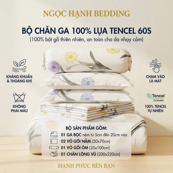  Bộ chăn ga gối LỤA TENCEL 60S mát lạnh, thoáng khí nệm 5 10 15 20cm - NGỌC HẠNH BEDDING 