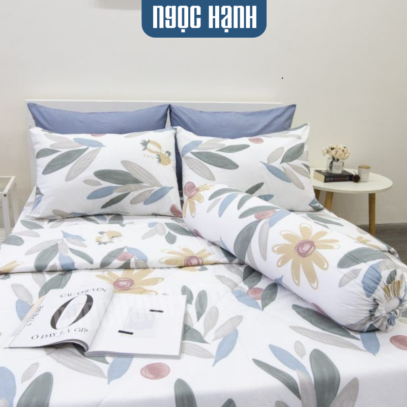  BỘ DRAP GIƯỜNG COTTON CM TRẮNG LÁ CỎ  nệm 5cm 10cm 15cm - NGỌC HẠNH BEDDING 