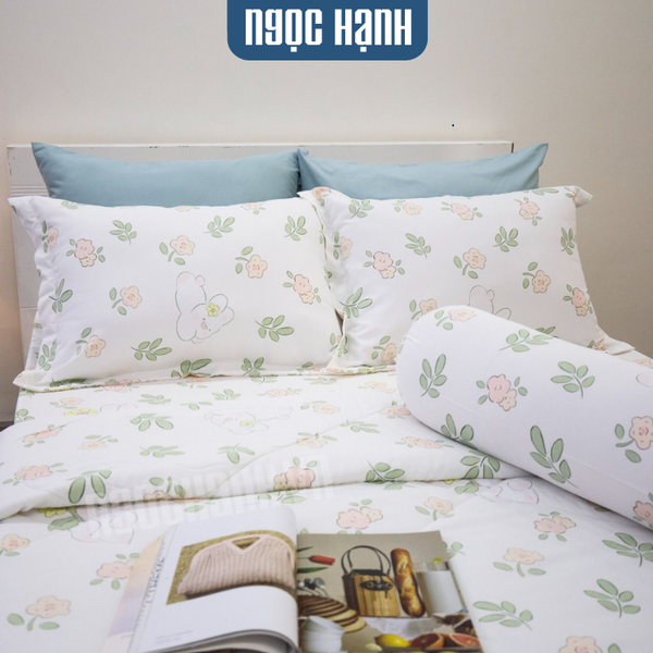 Bộ Drap Giường Tencel Silky hoa nhí xanh - Drap Giường Ngọc Hạnh