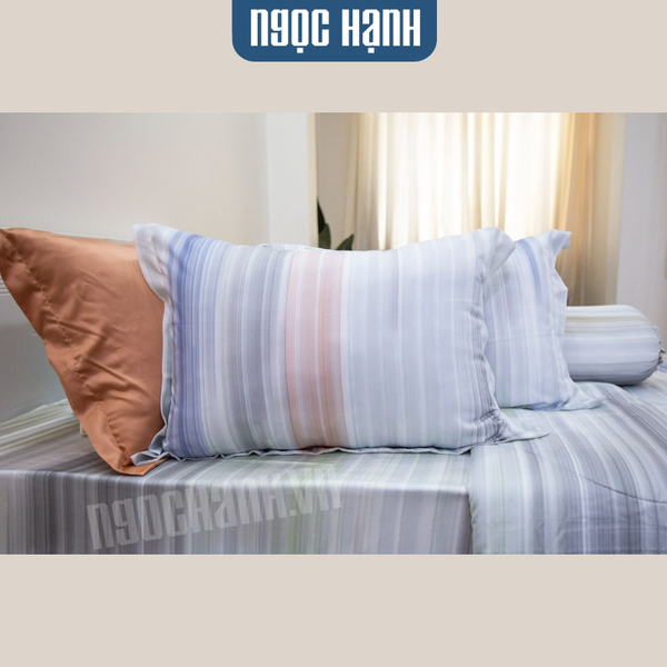 Bộ chăn ga gối Ngọc Hạnh Tencel lụa sọc nhuyễn xám - Ngọc Hạnh Tencel