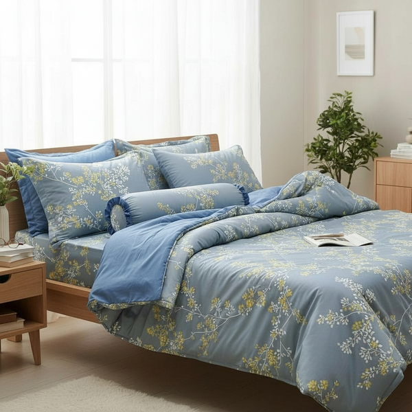  Bộ Ga Gối Phi Lụa Tencel Daisy thoáng mát, mềm mịn họa tiết HOA VÀNG NỀN XANH DƯƠNG nệm 5cm 10cm 15cm 20cm  -  Ngọc Hạnh Bedding 
