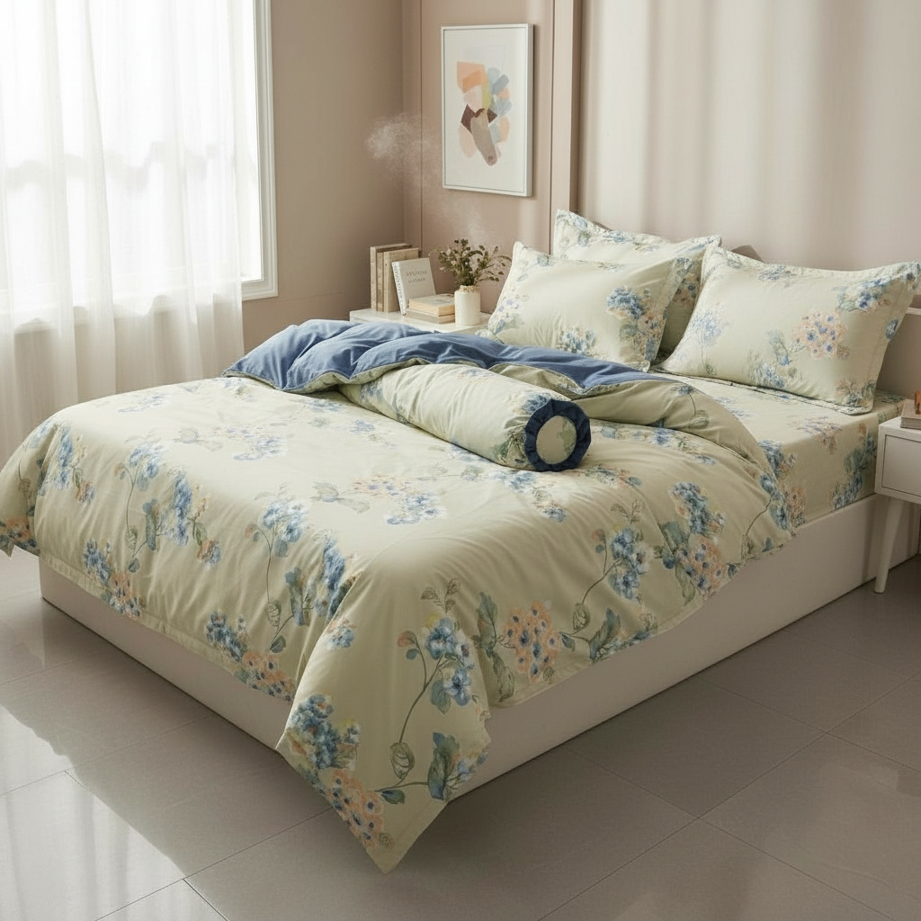  Bộ Ga Gối Phi Lụa Tencel Daisy thoáng mát, mềm mịn họa tiết HOA NỀN XANH LÁ nệm 5cm 10cm 15cm 20cm  -  Ngọc Hạnh Bedding 