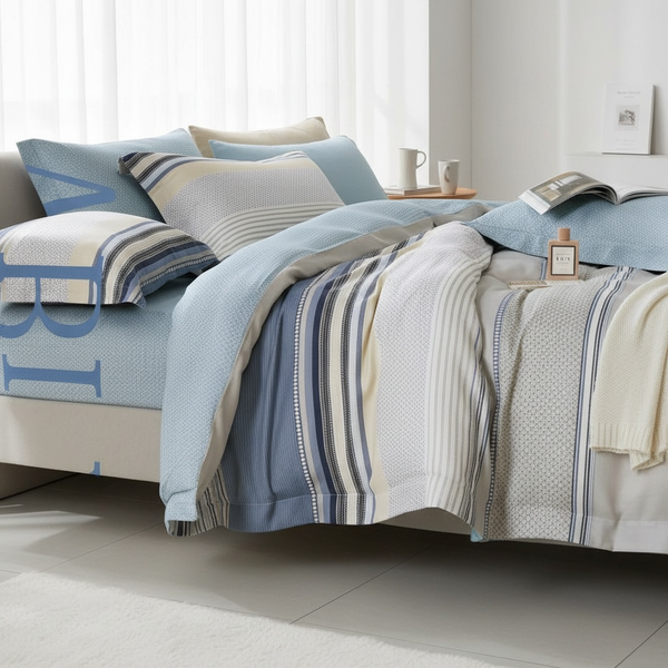  Bộ chăn ga gối LỤA TENCEL 60S họa tiết sọc xanh sọc trắng, thoáng khí nệm 5 10 15 20cm - NGỌC HẠNH BEDDING 