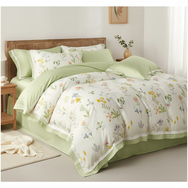  Bộ chăn ga gối LỤA TENCEL 60S họa tiết hoa nhí nền kem, thoáng khí nệm 5 10 15 20cm - NGỌC HẠNH BEDDING 