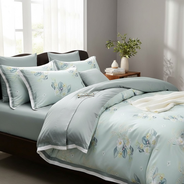  Bộ chăn ga gối LỤA TENCEL 60S họa tiết lá xanh bạc hà, thoáng khí nệm 5 10 15 20cm - NGỌC HẠNH BEDDING 