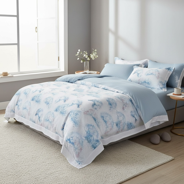  Bộ chăn ga gối LỤA TENCEL 60S họa tiết mây xanh loang loang, thoáng khí nệm 5 10 15 20cm - NGỌC HẠNH BEDDING 