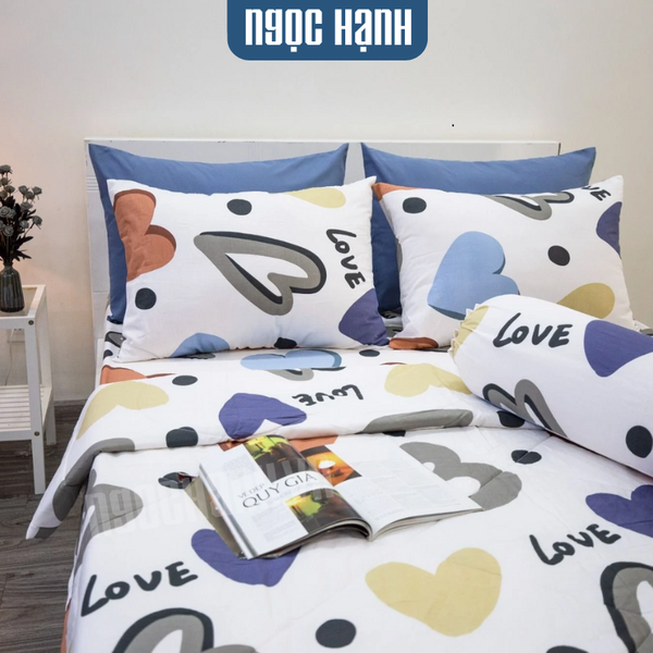 BỘ CHĂN GA COTTON HOẠ TIẾT TRÁI TIM ĐỎ - NGỌC HẠNH BEDDING
