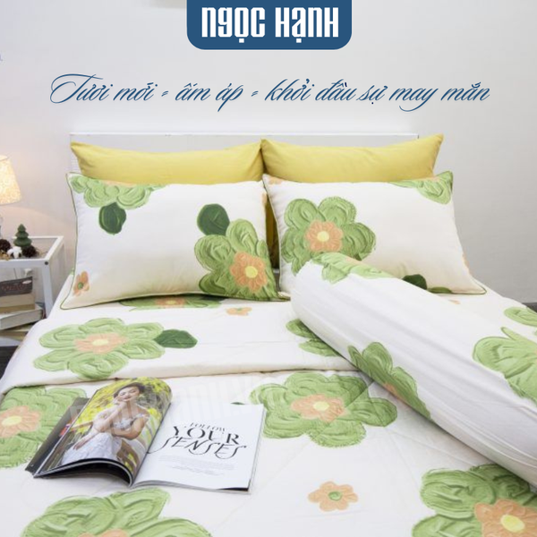  BỘ DRAP GIƯỜNG COTTON CM BÔNG LỚN XANH CỐM - NGỌC HẠNH BEDDING 