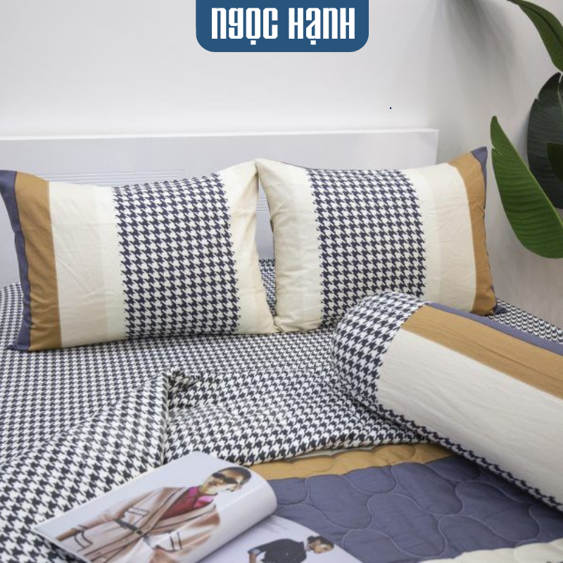  BỘ DRAP GIƯỜNG COTTON CM SỌC XANH ĐẬM NÂU - NGỌC HẠNH BEDDING 