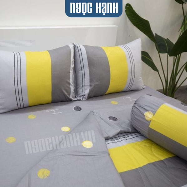 BỘ DRAP GIƯỜNG COTTON CM SỌC XÁM VÀNG - NGỌC HẠNH BEDDING