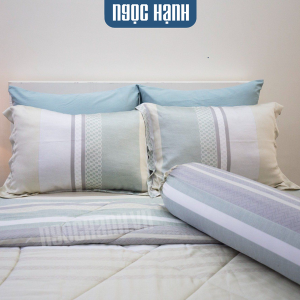 Bộ Drap Giường Tencel lụa 80s Sọc Xanh Xám - Ngọc Hạnh Bedding