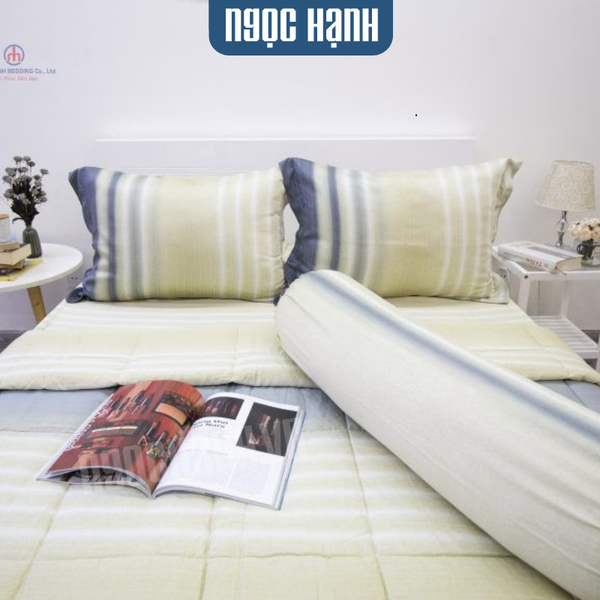 Bộ Drap Giường tencel lụa 80s Sọc Vàng Xanh - Ngọc Hạnh Bedding