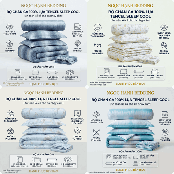  Bộ Chăn Ga Gối Lụa Tencel 40s SLeep Cool mát lạnh, mềm mịn nệm 5 10 15 20cm họa tiết HOA TO NỀN XANH DA TRỜI NHẠT - Ngọc Hạnh Bedding 