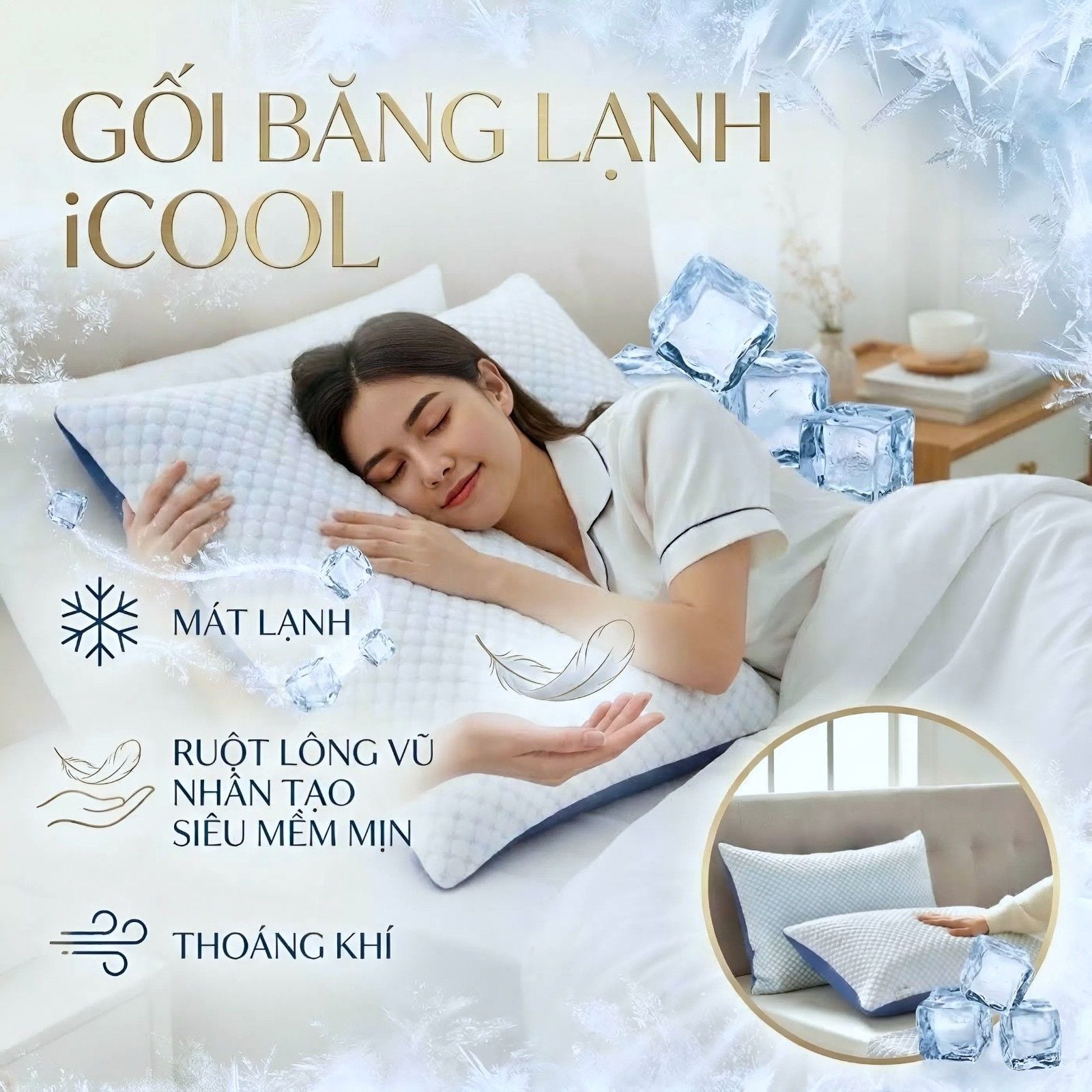  Gối Băng Lạnh Lông vũ mát lạnh iCool Crystal, không xù lông, mềm mại, thoáng khí - Ngọc Hạnh Bedding 