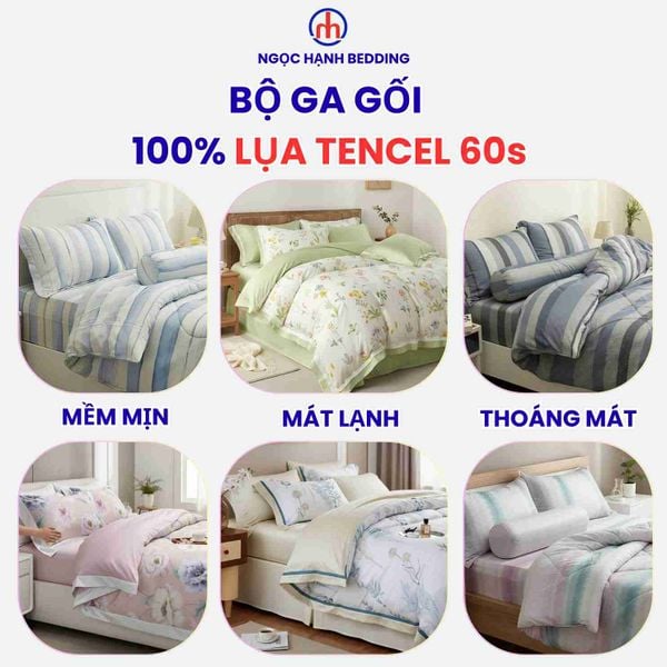  Bộ chăn ga gối LỤA TENCEL 60S mát lạnh mềm mịn, thoáng khí nệm 5 10 15 20cm - NGỌC HẠNH BEDDING 