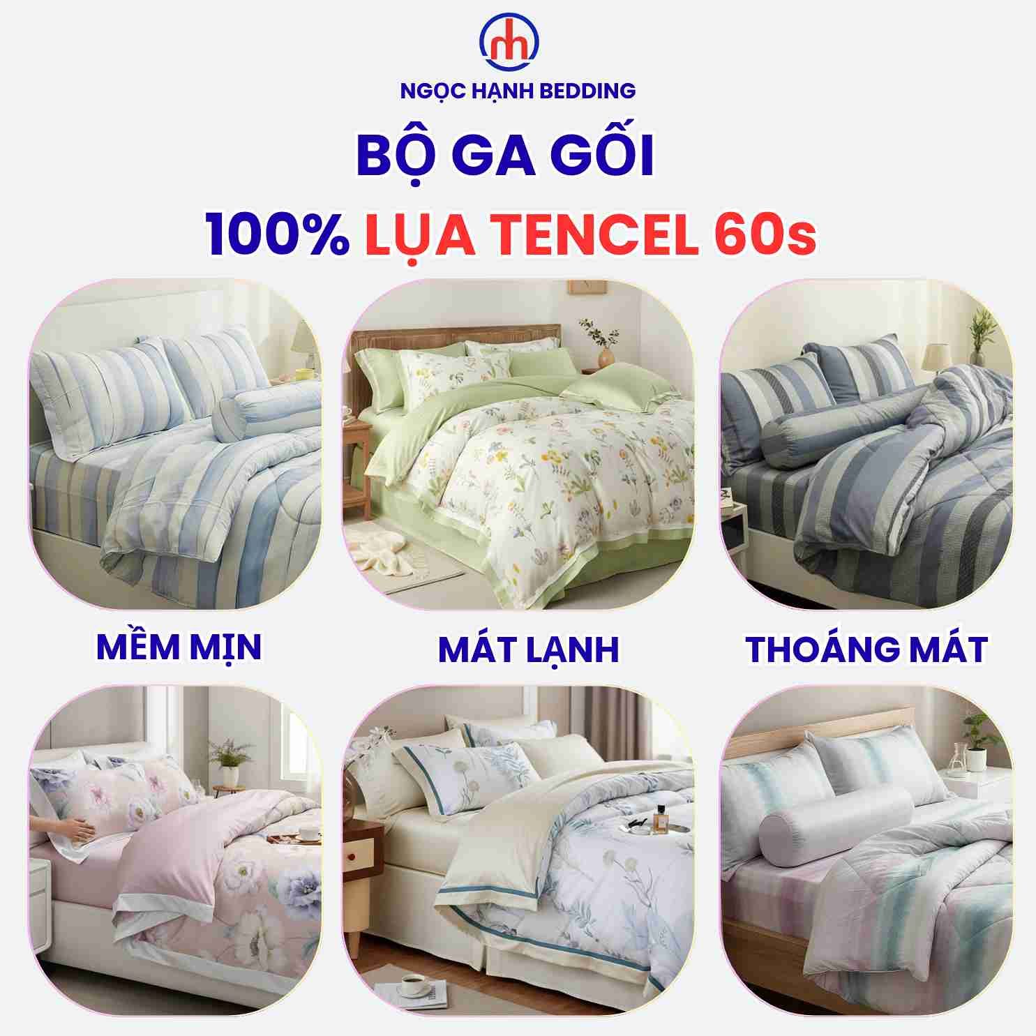  Bộ chăn ga gối LỤA TENCEL 60S mát lạnh mềm mịn, thoáng khí nệm 5 10 15 20cm - NGỌC HẠNH BEDDING 