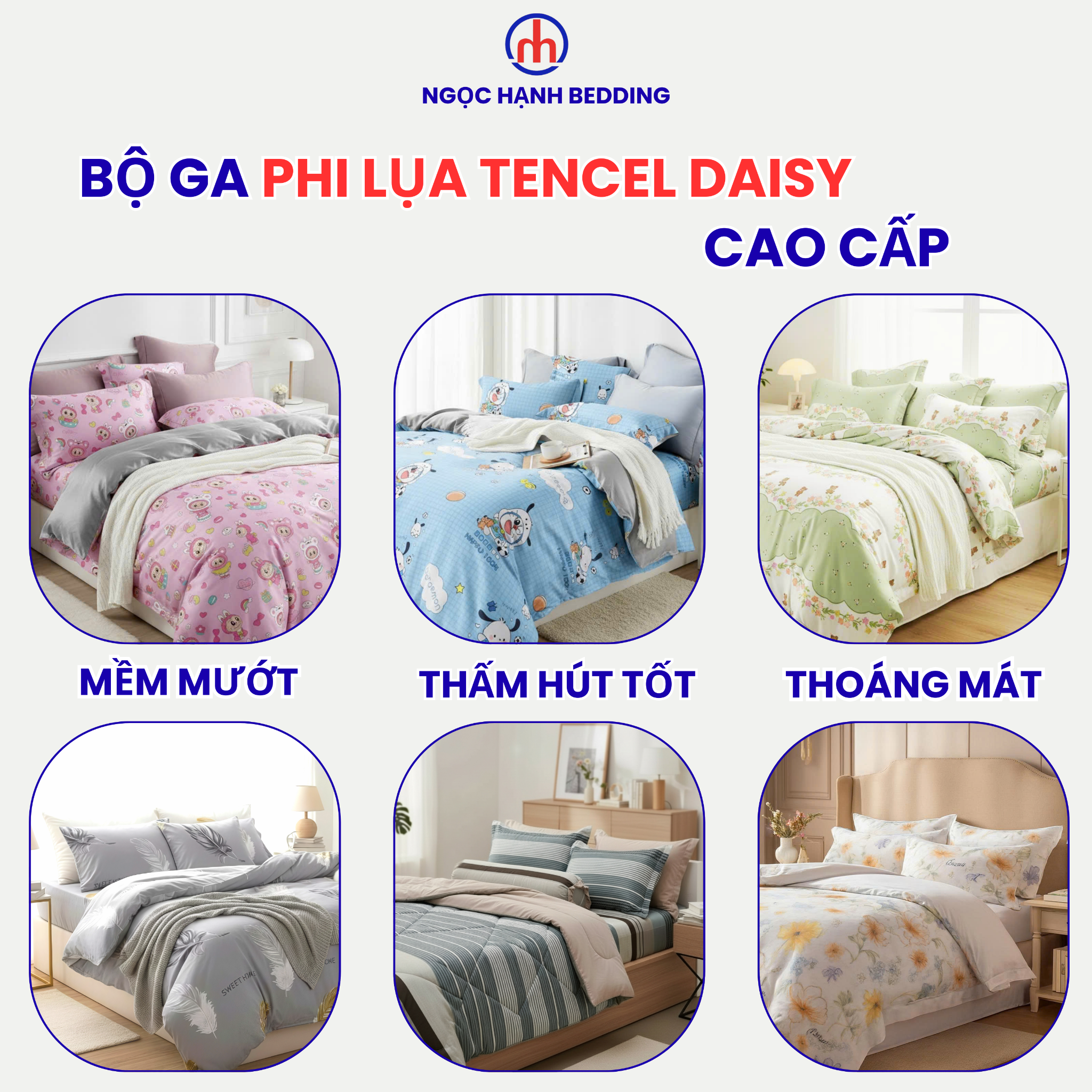  Bộ Ga Gối Phi Lụa Tencel Daisy thoáng mát, mềm mịn họa tiết HOA NỀN XANH DƯƠNG nệm 5cm 10cm 15cm 20cm -  Ngọc Hạnh Bedding 