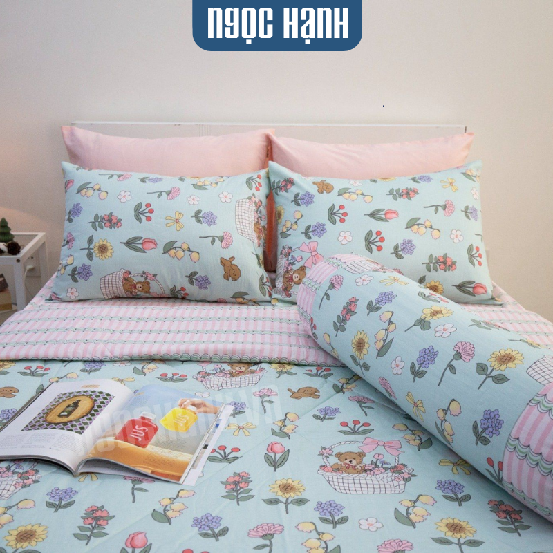  BỘ DRAP GIƯỜNG COTTON CM XANH MINT VƯỜN HOA - NGỌC HẠNH BEDDING 