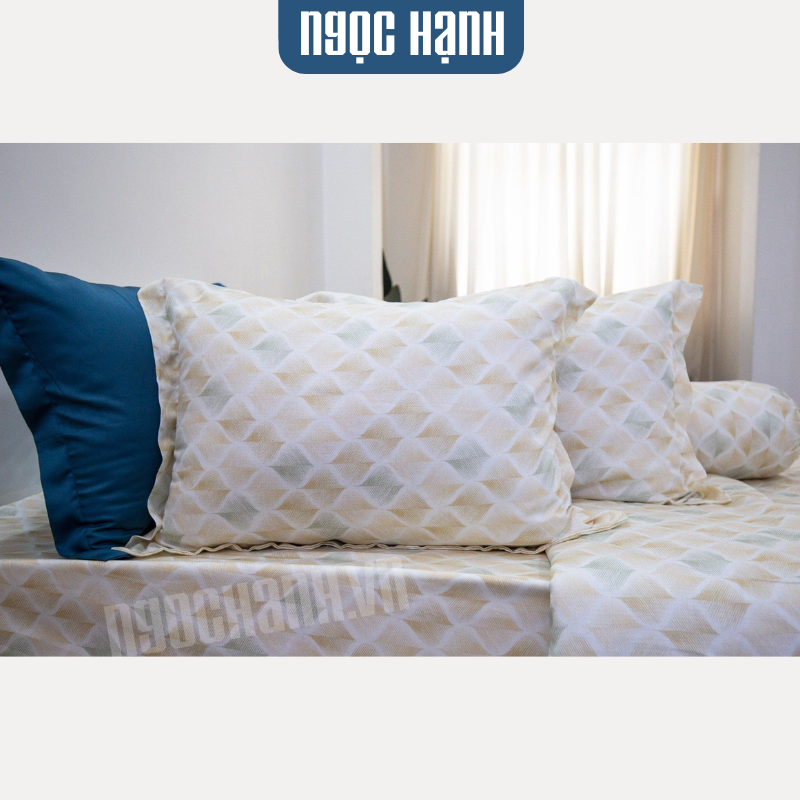  Bộ chăn ga gối LỤA TENCEL 60S họa tiết vân quạt vàng mát lạnh, thoáng khí nệm 5 10 15 20cm - NGỌC HẠNH BEDDING 